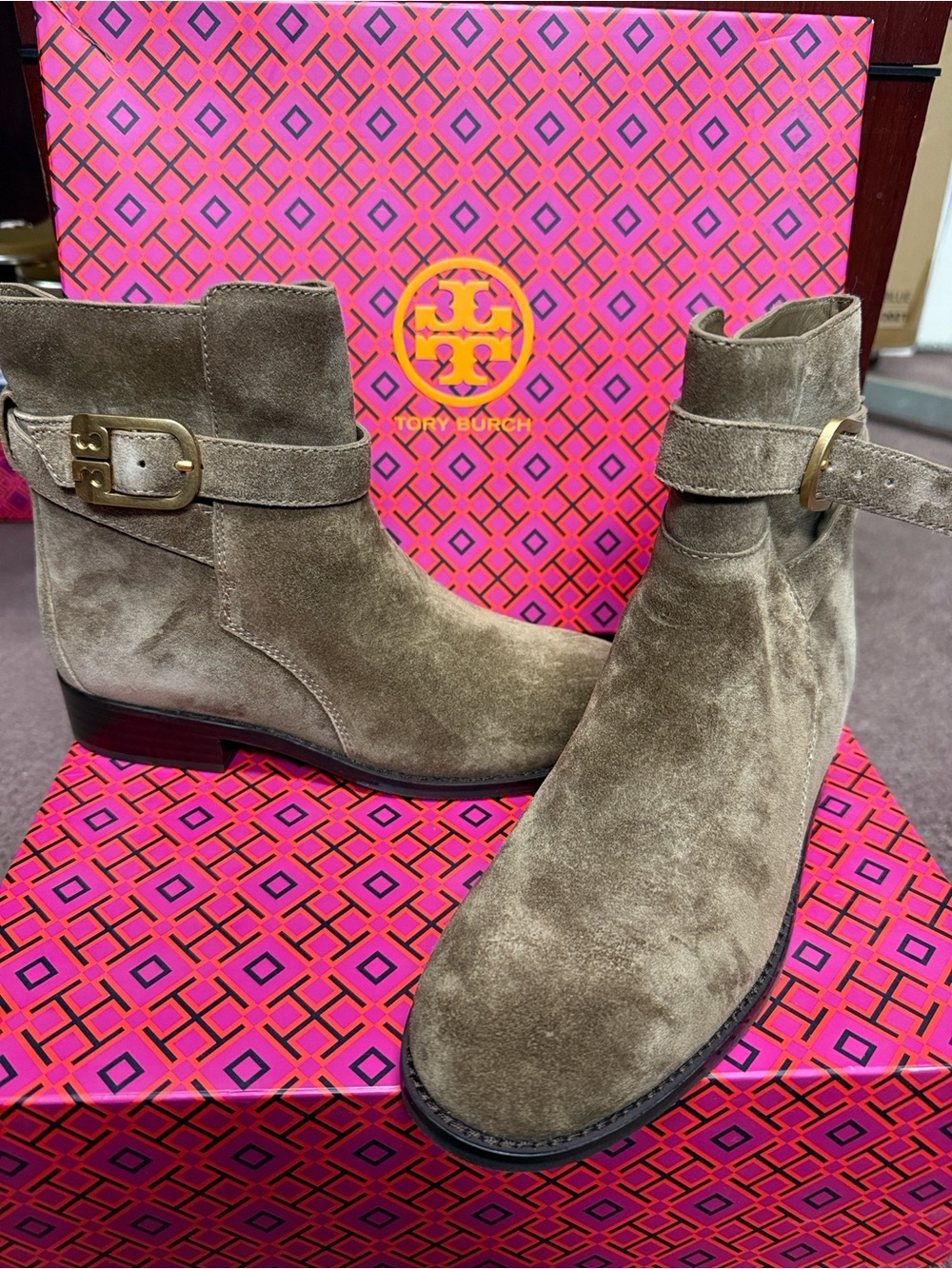 Tory Burch Olive Taupe Suede Ankle Boots with Buckle